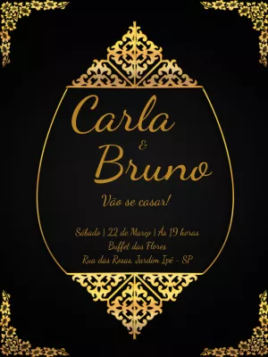 Convite de Casamento Provençal Preto e Dourado para Editar