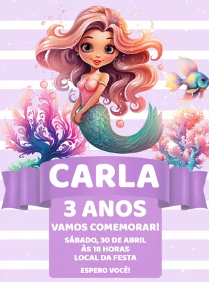 Convite de Aniversário Sereia Fofa para Editar Online