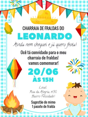 Convite Charraiá de Fraldas Festa Junina para Editar Online