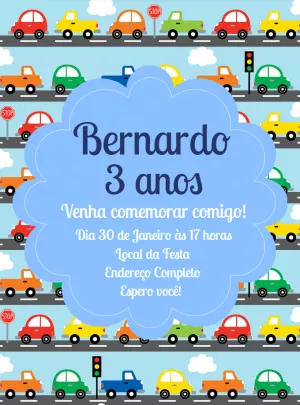 Convite de Aniversário Carrinhos Coloridos para Editar Online