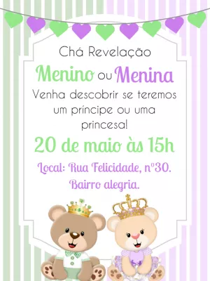 Convite Chá Revelação Ursinhos Realeza para Editar Online