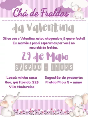 Convite Chá de Bebê Elefantinha Lilás para Editar Online