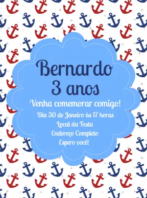 Convite de Aniversário Marinheiro com Âncoras para Editar