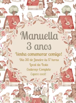 Convite Aniversário Animais do Bosque Aquarela para Editar Online