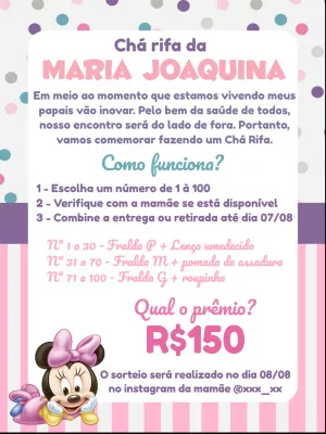 Convite Chá Rifa Minnie Baby para Editar e Enviar Online
