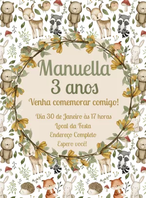 Convite Aniversário Bosque Encantado com Animais para Editar