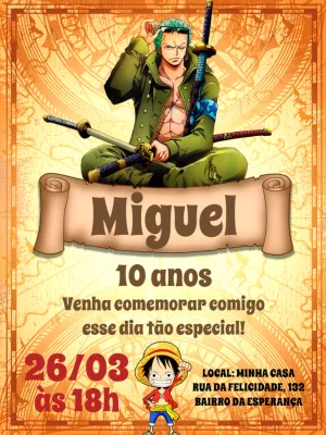 Convite de Aniversário One Piece com Zoro para Editar Online