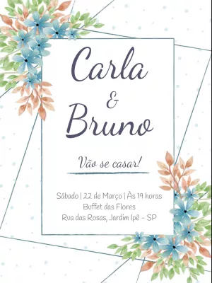 Convite de Casamento Floral Azul em Aquarela para Editar