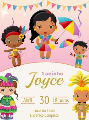 Convite Aniversário Carnaval com Personagens para Editar Online