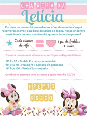 Convite Chá Rifa Minnie Baby para Editar e Imprimir