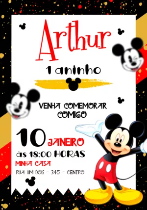 Convite de Aniversário Mickey Mouse Clássico para Editar Online
