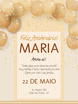 Convite de Aniversário com Balões Dourados para Editar Online