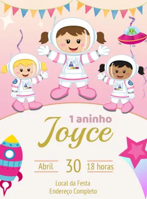 Convite Aniversário Astronauta Menina para Editar Online