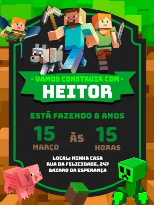 Convite de Aniversário Minecraft com Personagens para Editar