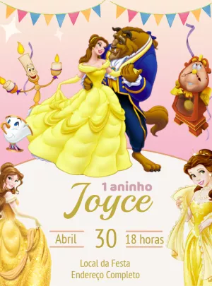 Convite de Aniversário A Bela e a Fera para Editar Online