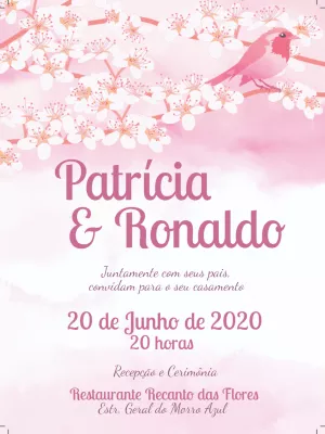 Convite de Casamento Floral Rosa com Pássaro para Editar