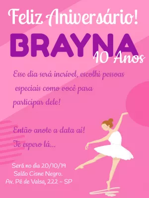 Convite de Aniversário Bailarina Rosa para Editar Online