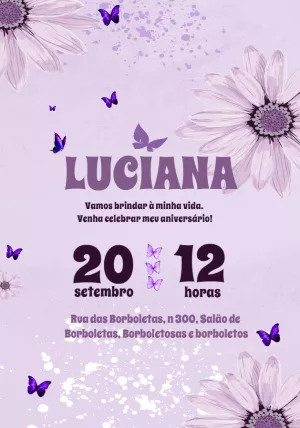 Convite de Aniversário Borboletas Lilás para Editar Online