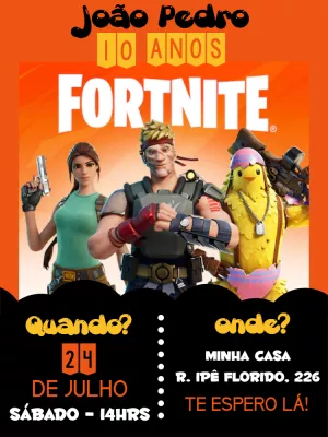 Convite de Aniversário Fortnite com Personagens para Editar