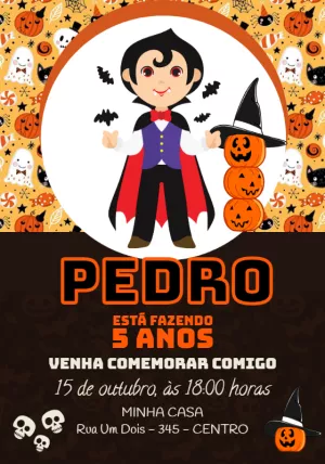 Convite de Aniversário Halloween com Vampiro Fofo para Editar