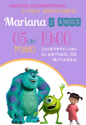 Convite de Aniversário Monstros S.A. com a Boo para Editar