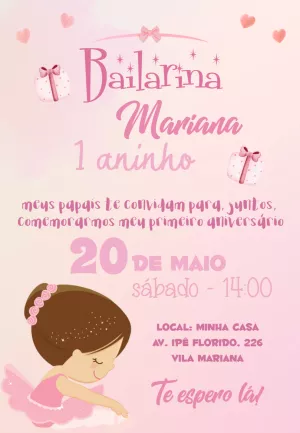Convite Aniversário Bailarina Delicado para Editar Online