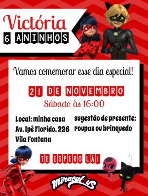 Convite de Aniversário Miraculous Ladybug e Cat Noir para Editar