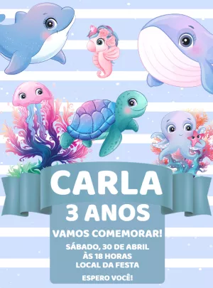 Convite Aniversário Fundo do Mar com Animais Fofos para Editar