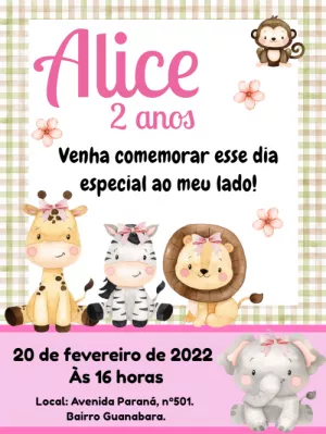 Convite Aniversário Safari Rosa com Animais para Editar Online