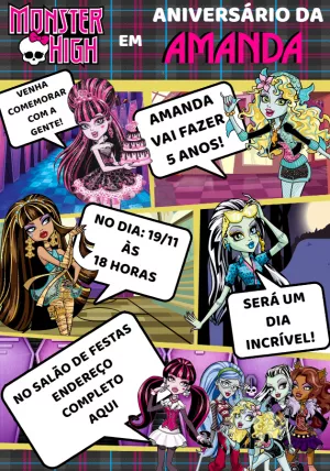 Convite de Aniversário Monster High com Personagens para Editar