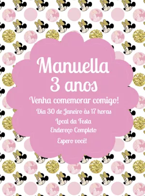 Convite de Aniversário Minnie Mouse Rosa e Dourado para Editar