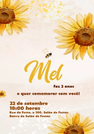 Convite Aniversário Girassol e Abelhinha para Editar Online