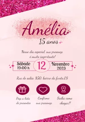 Convite Aniversário 15 anos Glitter Rosa para Editar Online