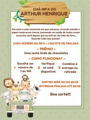 Convite Chá Rifa Safari com Animais Fofos para Editar Online