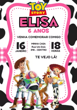 Convite Aniversário Toy Story Rosa com Vaquinha para Editar