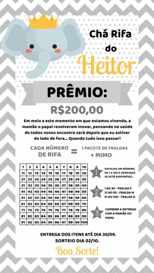 Convite Chá Rifa Elefantinho Coroa para Editar Online
