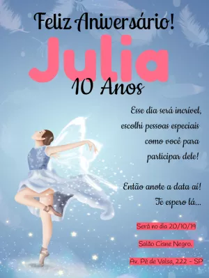 Convite de Aniversário Bailarina com Asas para Editar Online