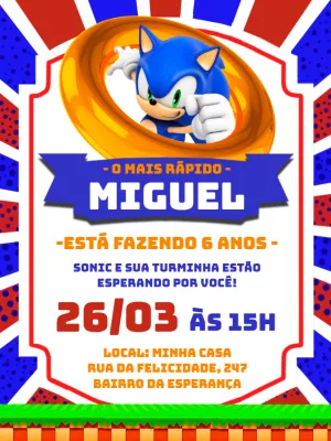 Convite de Aniversário Sonic com Personagem para Editar Online