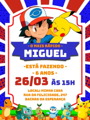 Convite de Aniversário Pokémon com Personagens para Editar Online
