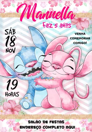 Convite Aniversário Stitch e Angel para Editar Online