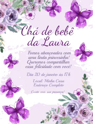 Convite Chá de Bebê Borboletas Lilás para Editar Online