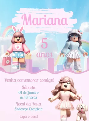 Convite Aniversário Roblox Rosa Menina para Editar Online