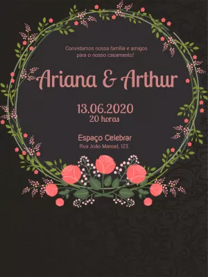 Convite de Casamento Floral Preto e Rosa para Editar Online