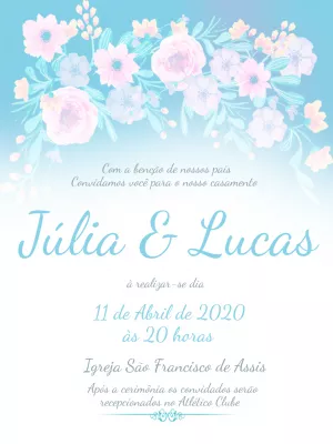 Convite de Casamento Floral Azul e Branco para Editar Online