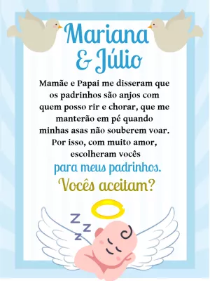Convite Padrinhos de Batismo Anjinho para Editar Online