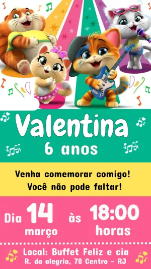 Convite de Aniversário 44 Gatos para Editar Online e Imprimir
