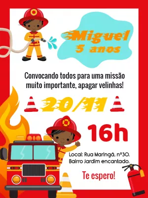 Convite Aniversário Bombeiro Infantil para Editar Online