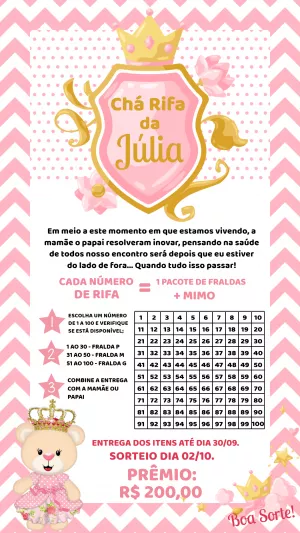 Convite Chá Rifa Ursinha Princesa para Editar Online