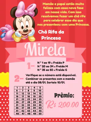 Convite Chá Rifa Minnie Baby Rosa para Editar Online