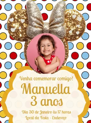 Convite Aniversário Minnie Dourada com Foto para Editar Online